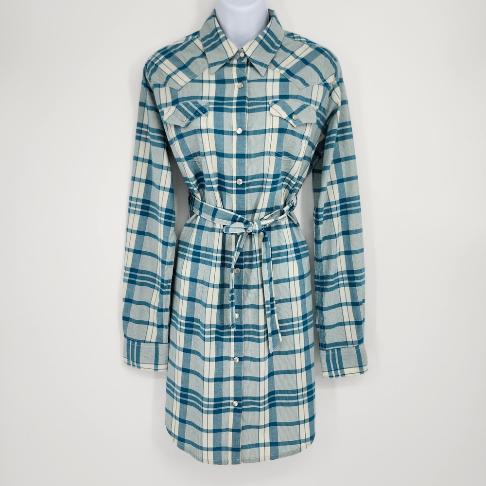 Wrangler Retro Rodeo Western Pearl Snap Shirt Dress Size M Teal Plaid Concert